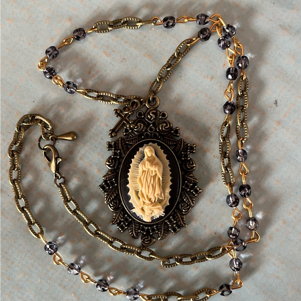 Vintage Style Guadalupe Cameo Necklace/ Brass Austrian Crystal Chain